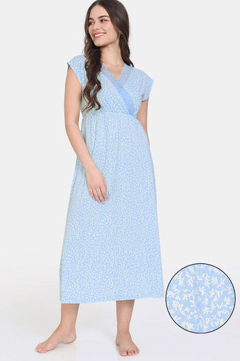 Buy Zivame Summer Thyme Knit Cotton Mid Length Nightdress - Starlight Blue